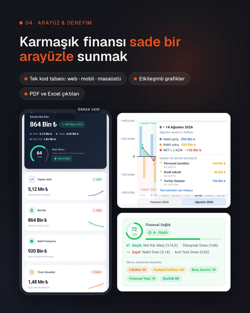 Telefonda genel görünüm, nakit akışı grafiği ve finansal sağlık kartı
